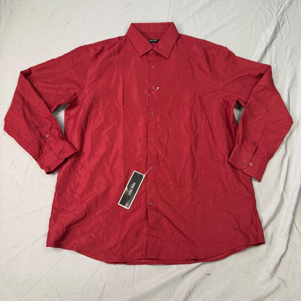 Nine West Mens XL Slim Fit Long Sleeve Dress Shirt Red Button Down 17-17.5 34/35